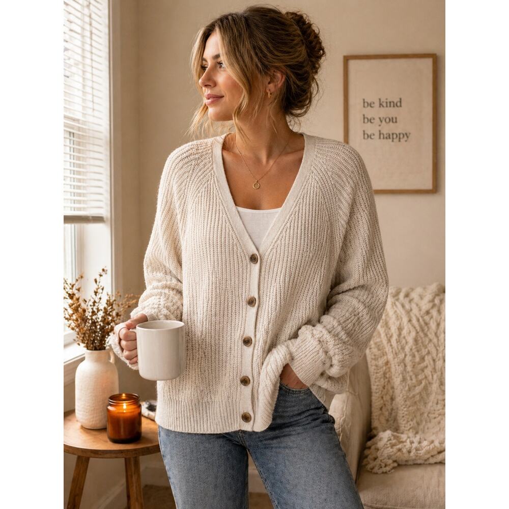 Old Navy Ivory Knit Cardigan Button Front V Neck Cotton XXL EUC